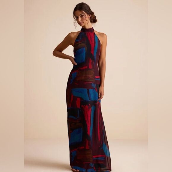 Lulu's Dresses & Skirts - Lulu's Solayne Multi Abstract Strappy Halter Maxi Dress New With Tags Size Small